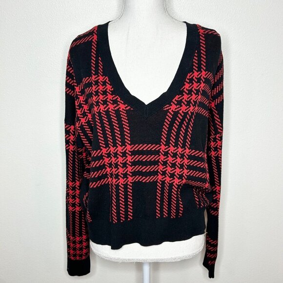 Bar III Red Black Plaid Cropped Cardigan Sweater Women's Size XXL Preppy - Picture 1 of 5